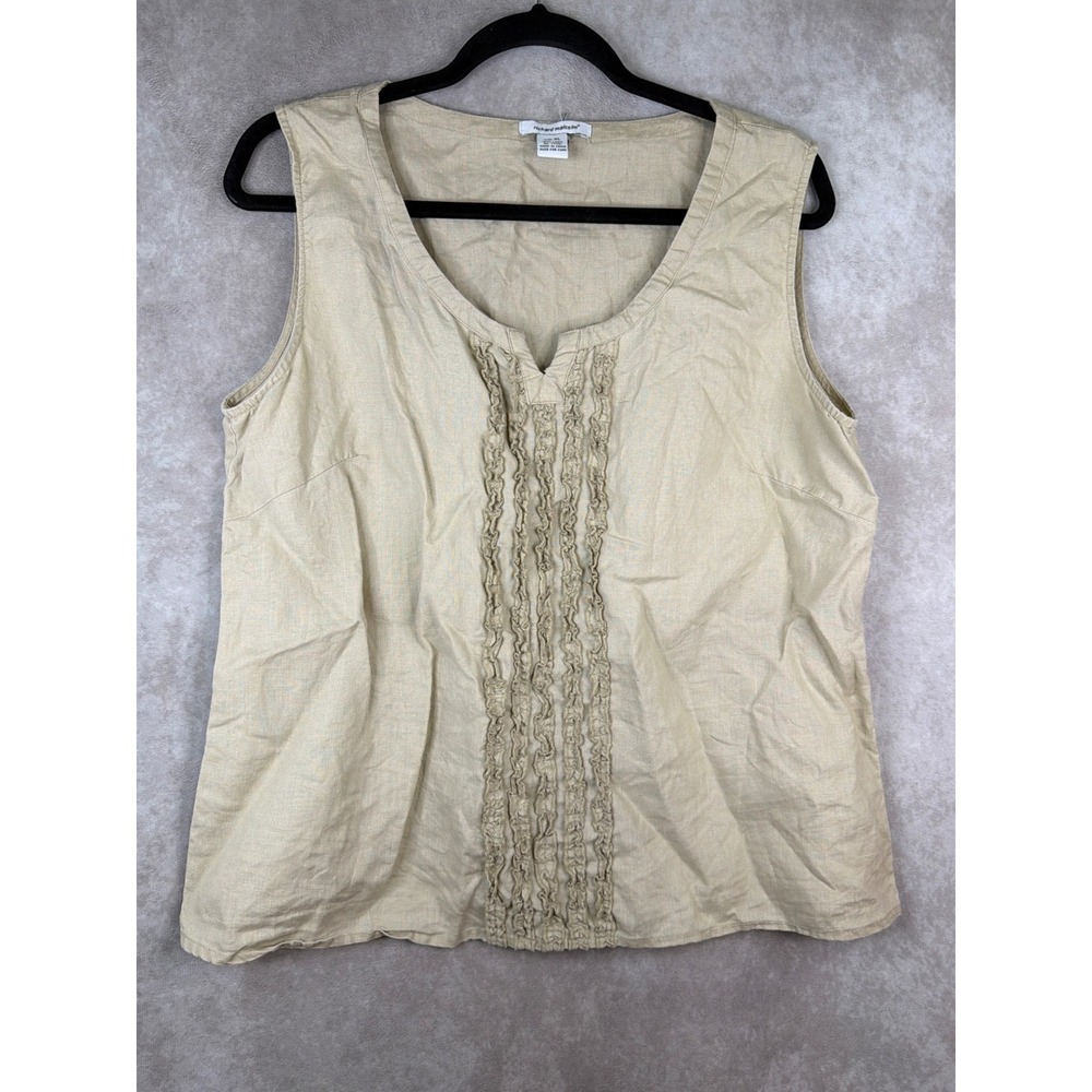 Richard Malcolm Women XL Beige 100% Linen Ruffle Front Sleeveless Blouse